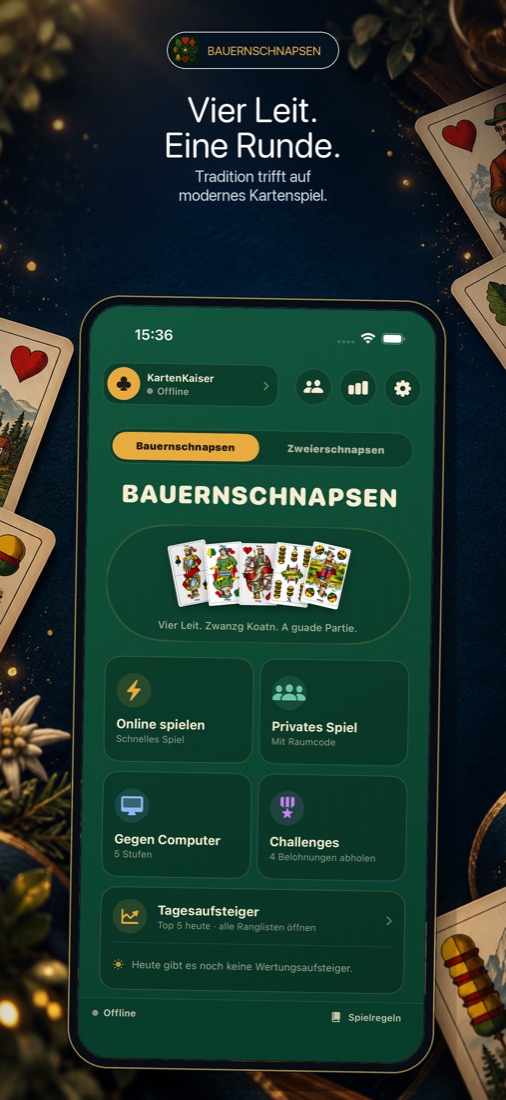 Spieltisch mit vier Spielern während einer Runde Bauernschnapsen